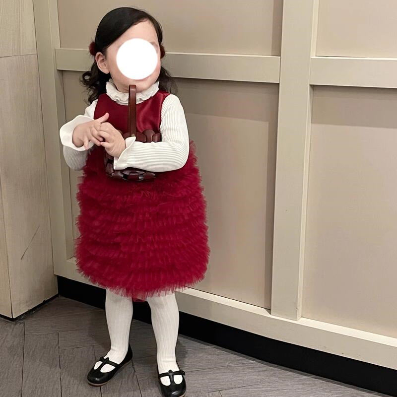 Girls' Red Fleece Handmade Mesh Cake Skirt