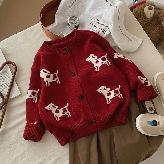 Cartoon Puppy Jacquard Kids' Sweater Cardigan